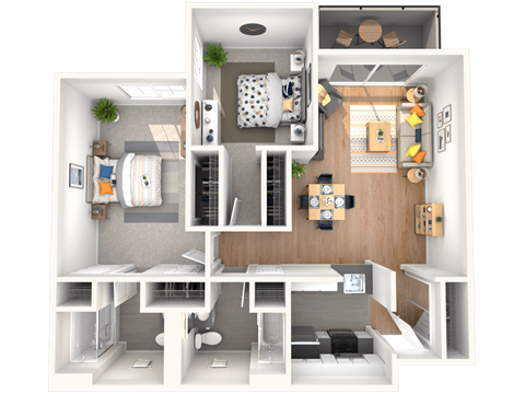 A 3D floor plan of a small apartment with a kitchen, living room, and bathroom.